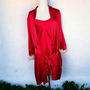 VTG  Donatella Women's Red Two-Piece Robe/Slip Dress Set Size XL Holiday Glam